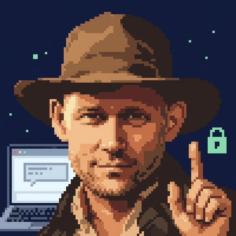 Christian als 8-Bit-Figur am Laptop mit Chatfenster, erhobener Zeigefinger