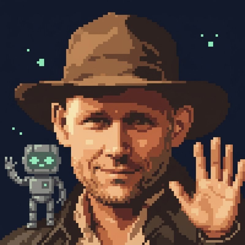 Christian als 8-Bit-Figur mit Roboter