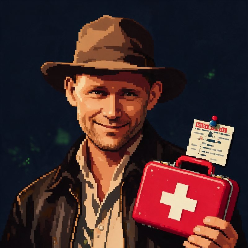 Christian als 8-Bit-Figur mit Erste-Hilfe-Koffer
